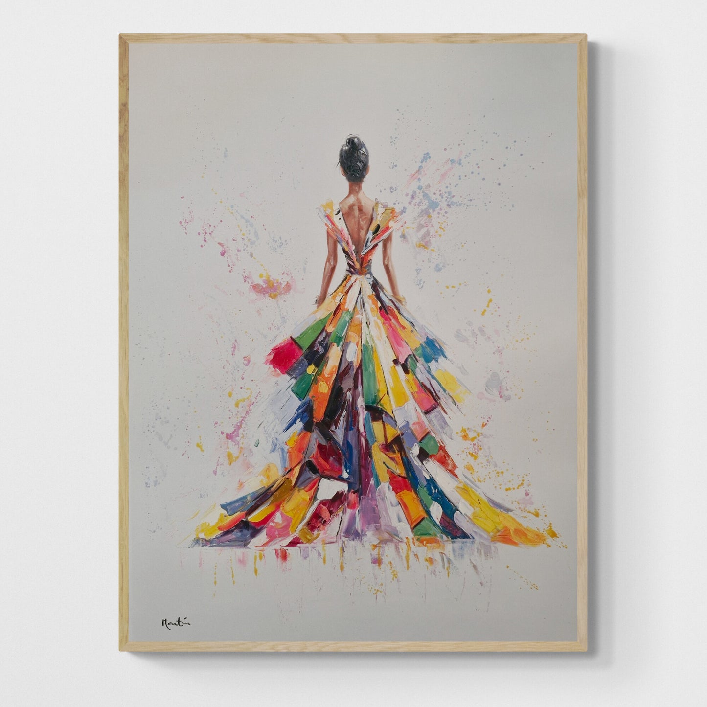 Pintura al Óleo Mujer Elegante con Vestido Abstracto Multicolor 120x90 cm