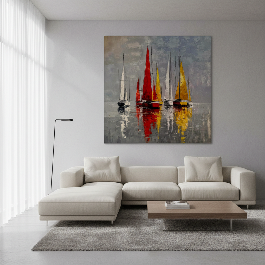 Cuadro veleros óleo en salón moderno 102x102 cm — Martín Martín Vicente