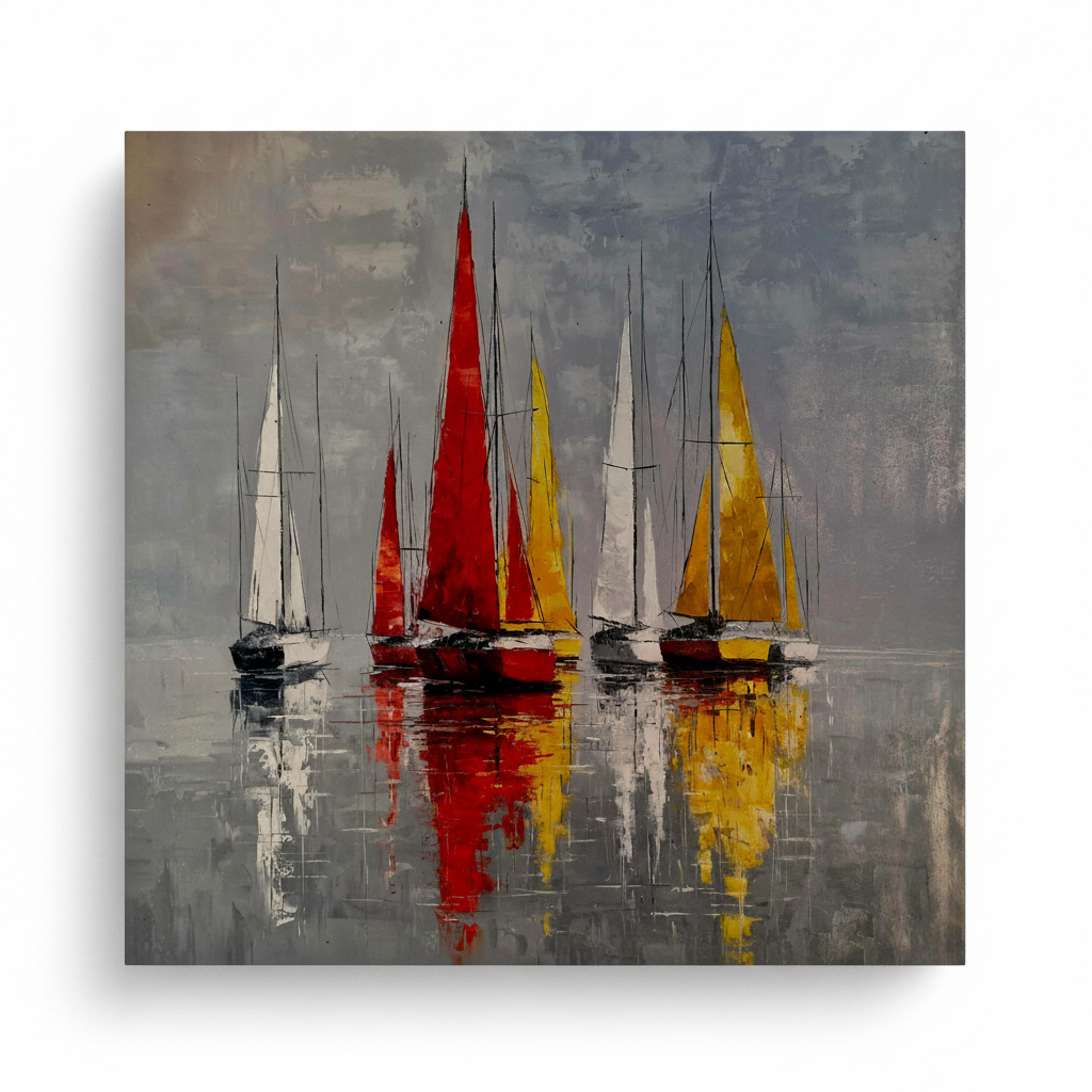 Cuadro al óleo veleros marina 102x102 cm fondo blanco — Martín Martín Vicente