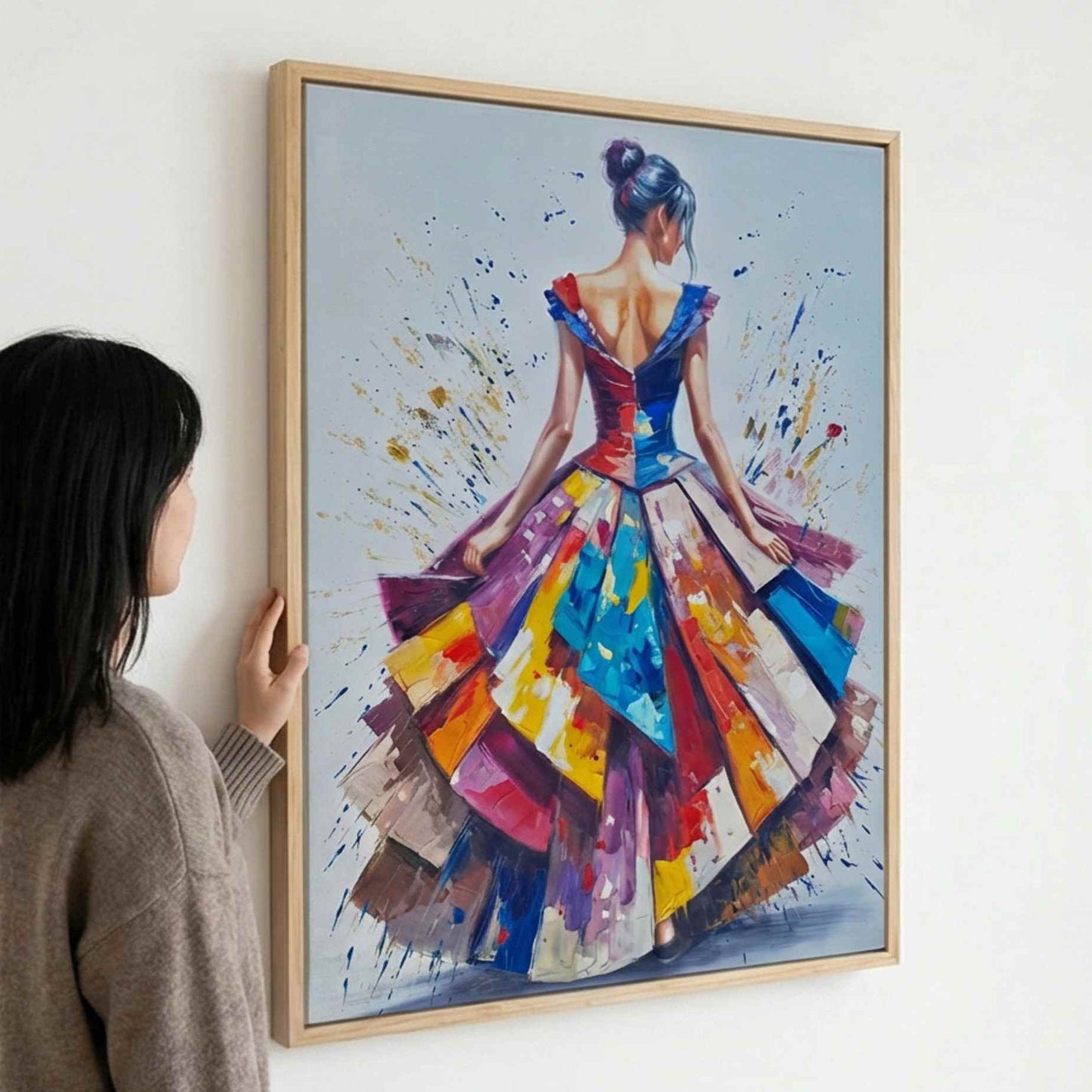 Cuadro al óleo de mujer elegante con vestido colorido de Martin 120x90 cm